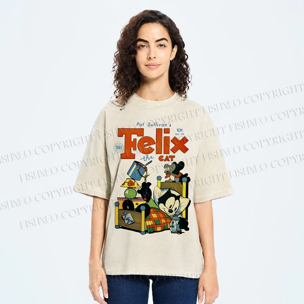 Unisex Felix the Cat Funny Bed Time Printed Washed Tee