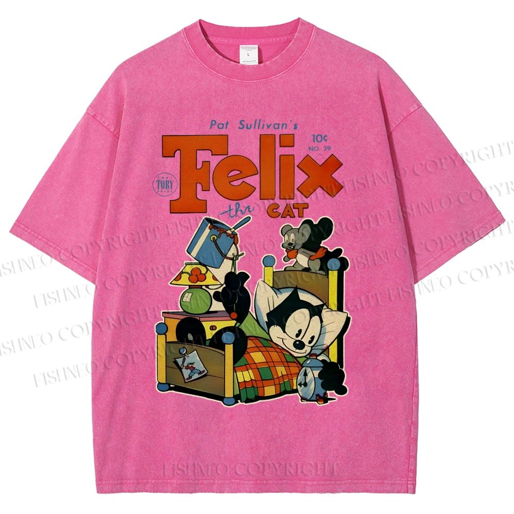 Unisex Felix the Cat Funny Bed Time Printed Washed Tee