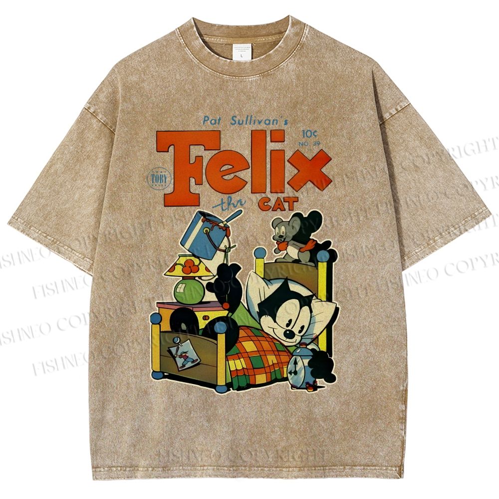 Unisex Felix the Cat Funny Bed Time Printed Washed Tee