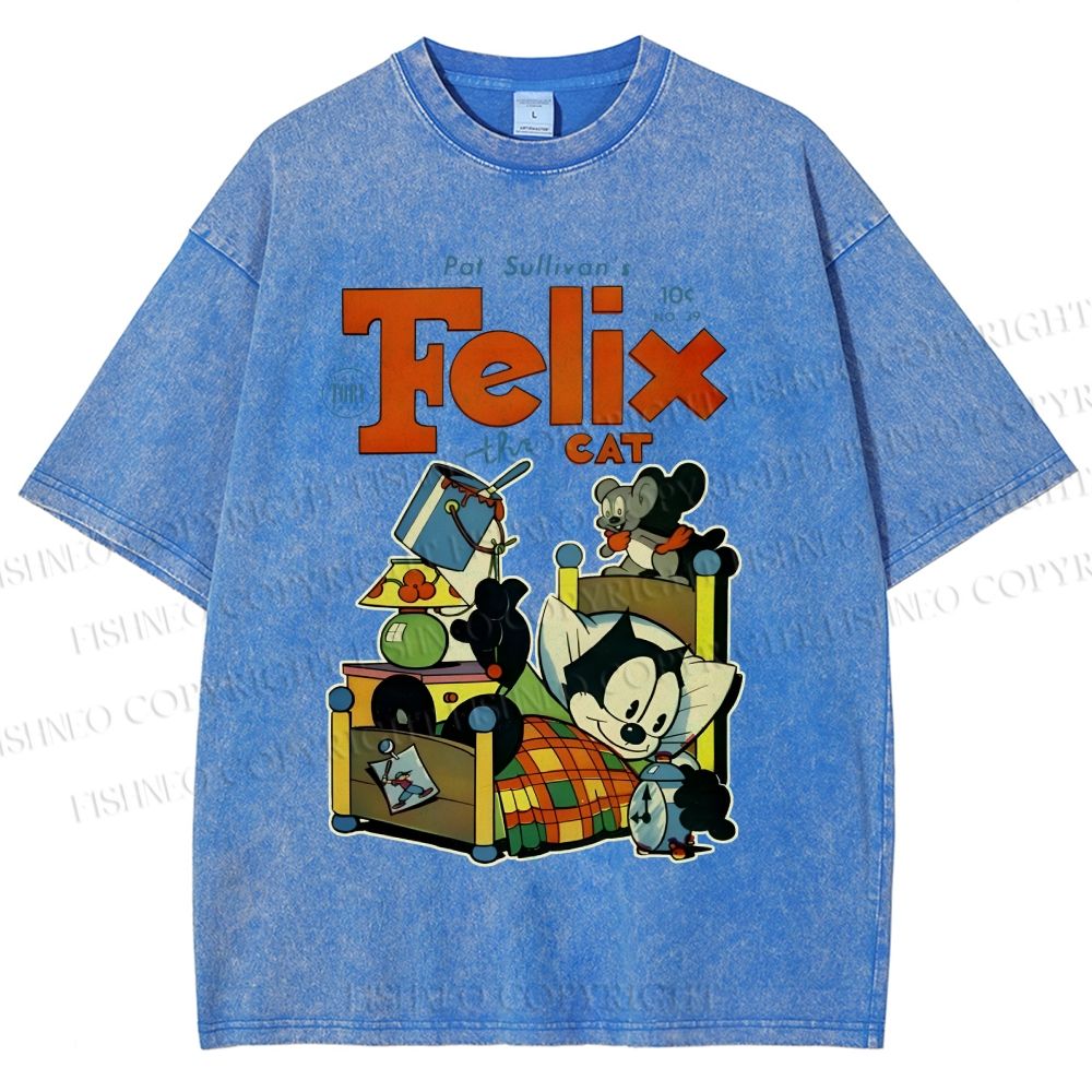 Unisex Felix the Cat Funny Bed Time Printed Washed Tee