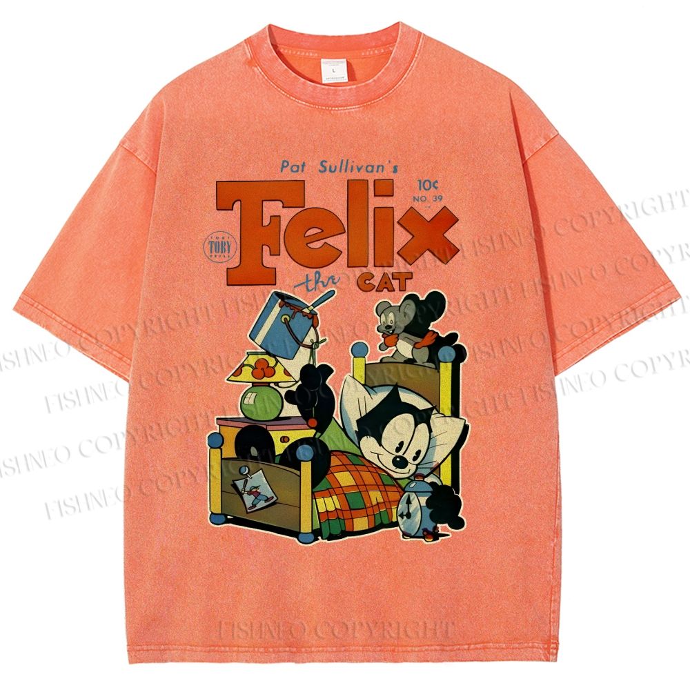 Unisex Felix the Cat Funny Bed Time Printed Washed Tee