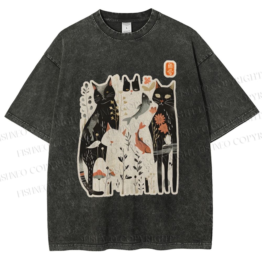 Unisex Serene Cat With Flowers Printed Washed Tee