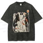 Unisex Serene Cat With Flowers Printed Washed Tee