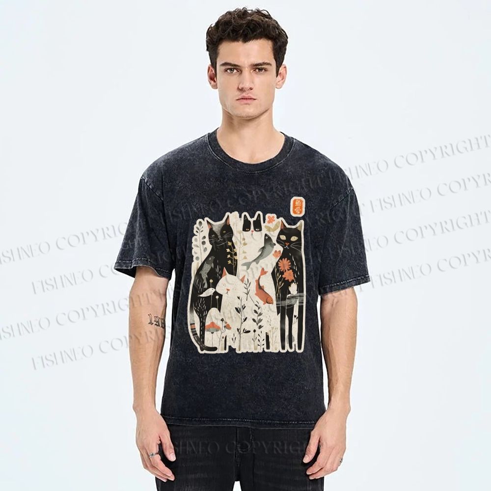 Unisex Serene Cat With Flowers Printed Washed Tee