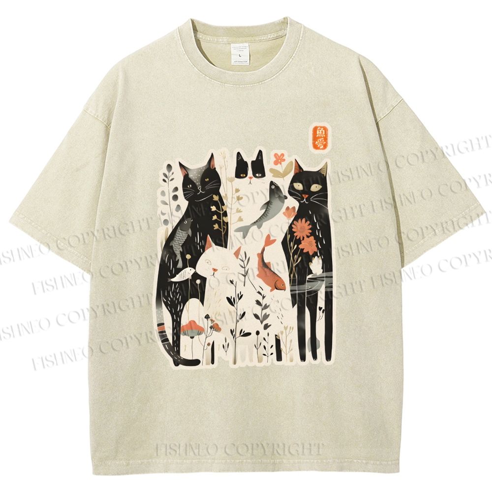 Unisex Serene Cat With Flowers Printed Washed Tee