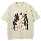 Unisex Serene Cat With Flowers Printed Washed Tee