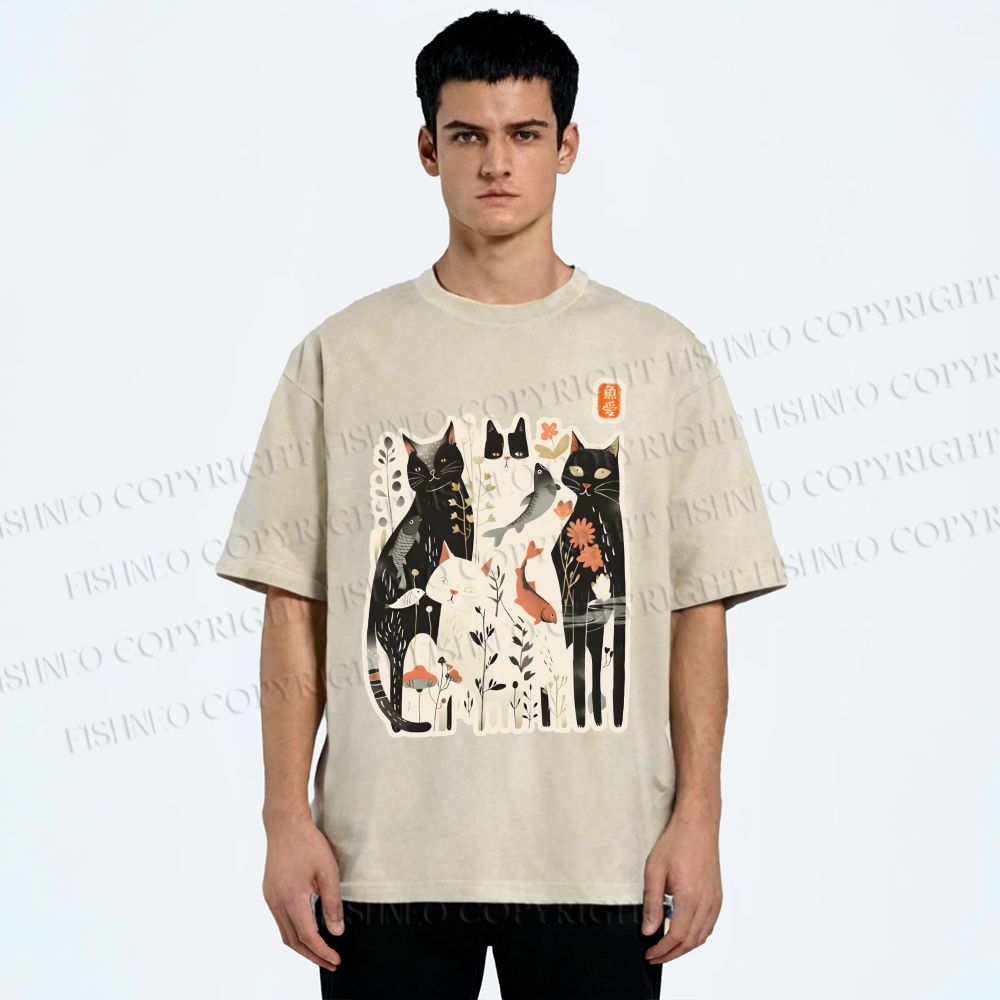 Unisex Serene Cat With Flowers Printed Washed Tee