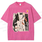 Unisex Serene Cat With Flowers Printed Washed Tee