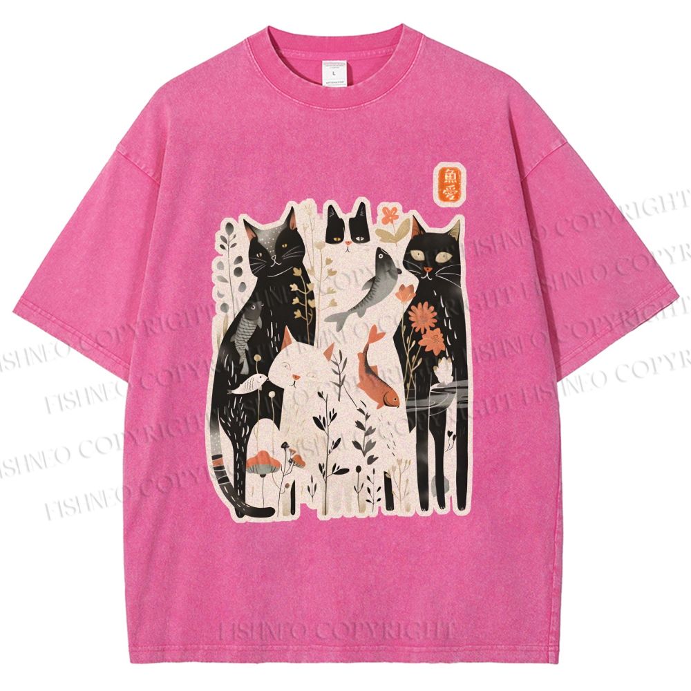 Unisex Serene Cat With Flowers Printed Washed Tee