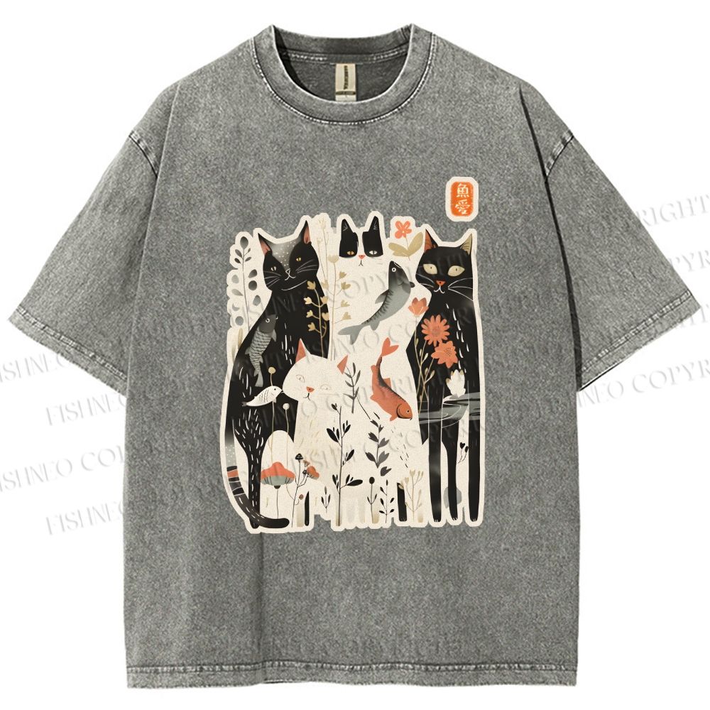 Unisex Serene Cat With Flowers Printed Washed Tee
