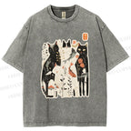 Unisex Serene Cat With Flowers Printed Washed Tee