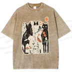 Unisex Serene Cat With Flowers Printed Washed Tee