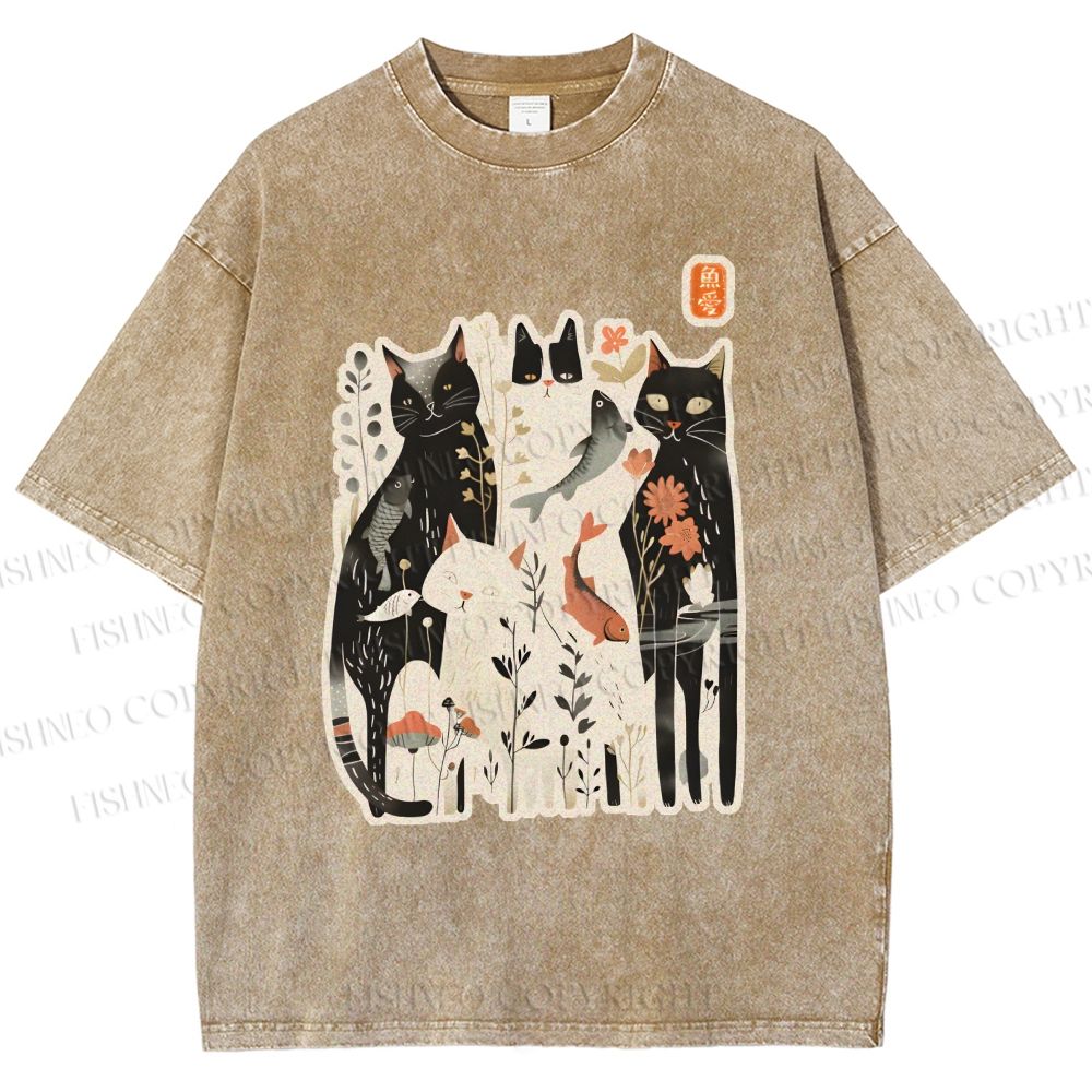 Unisex Serene Cat With Flowers Printed Washed Tee