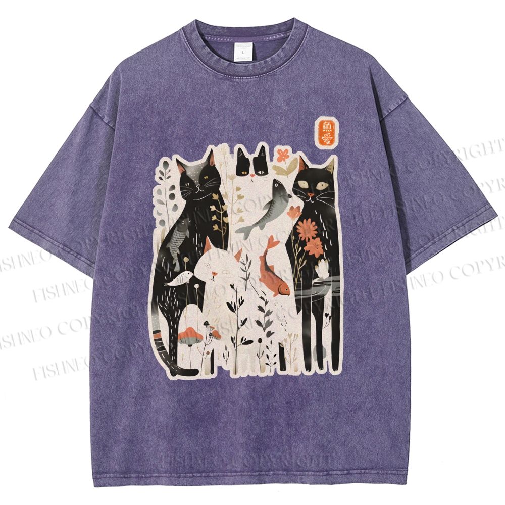 Unisex Serene Cat With Flowers Printed Washed Tee