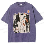 Unisex Serene Cat With Flowers Printed Washed Tee
