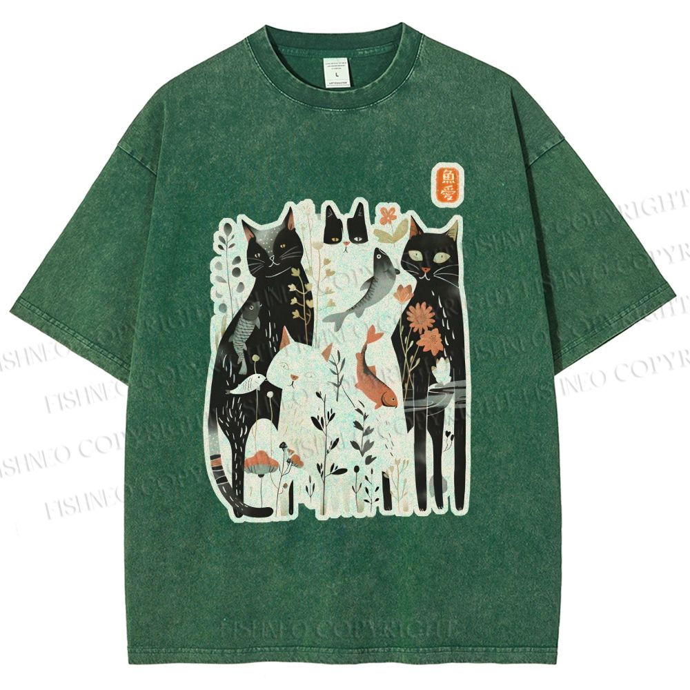 Unisex Serene Cat With Flowers Printed Washed Tee
