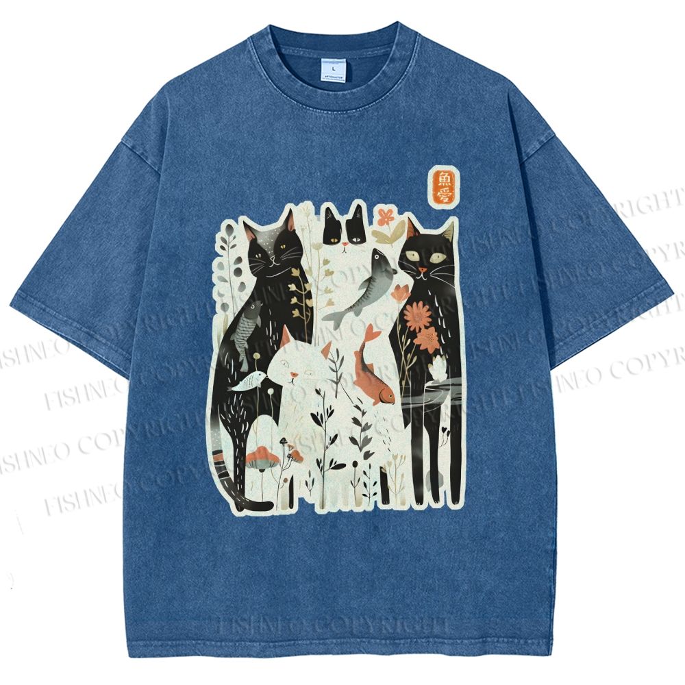 Unisex Serene Cat With Flowers Printed Washed Tee