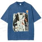 Unisex Serene Cat With Flowers Printed Washed Tee