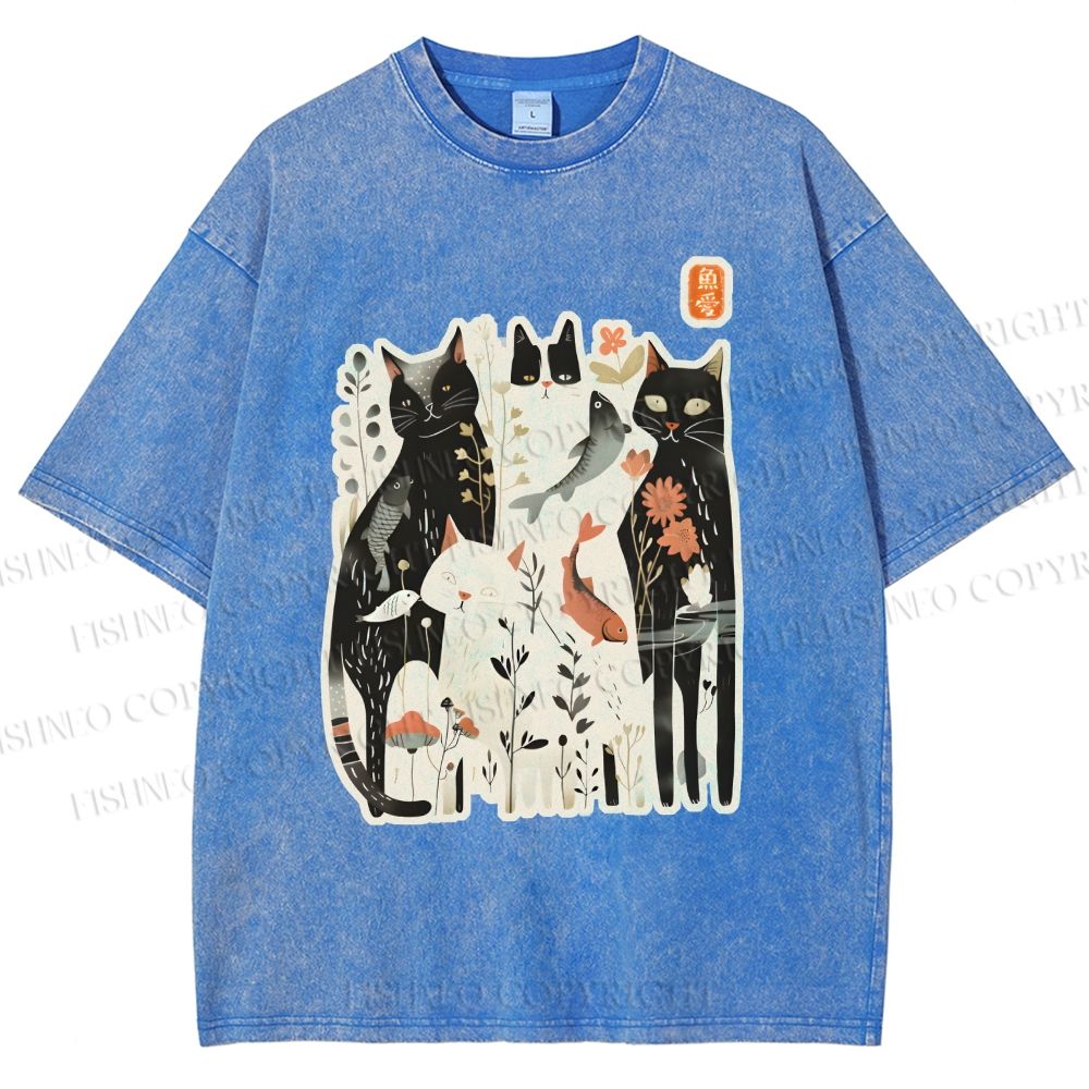 Unisex Serene Cat With Flowers Printed Washed Tee