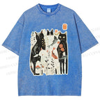 Unisex Serene Cat With Flowers Printed Washed Tee