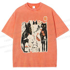 Unisex Serene Cat With Flowers Printed Washed Tee