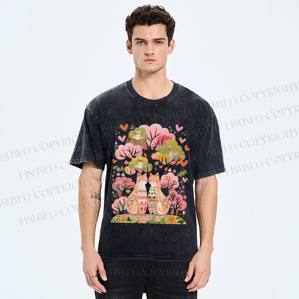 Unisex Serene Cat Falling In Love Printed Washed Tee