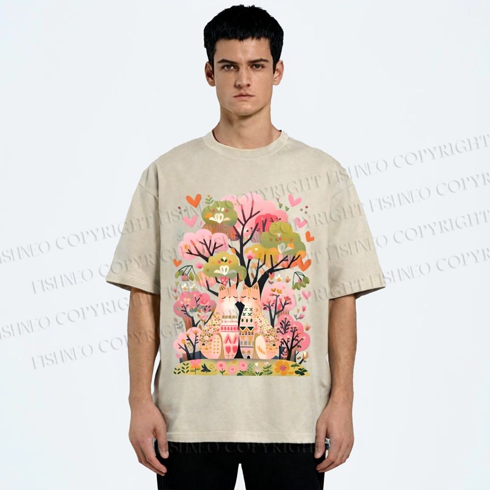 Unisex Serene Cat Falling In Love Printed Washed Tee