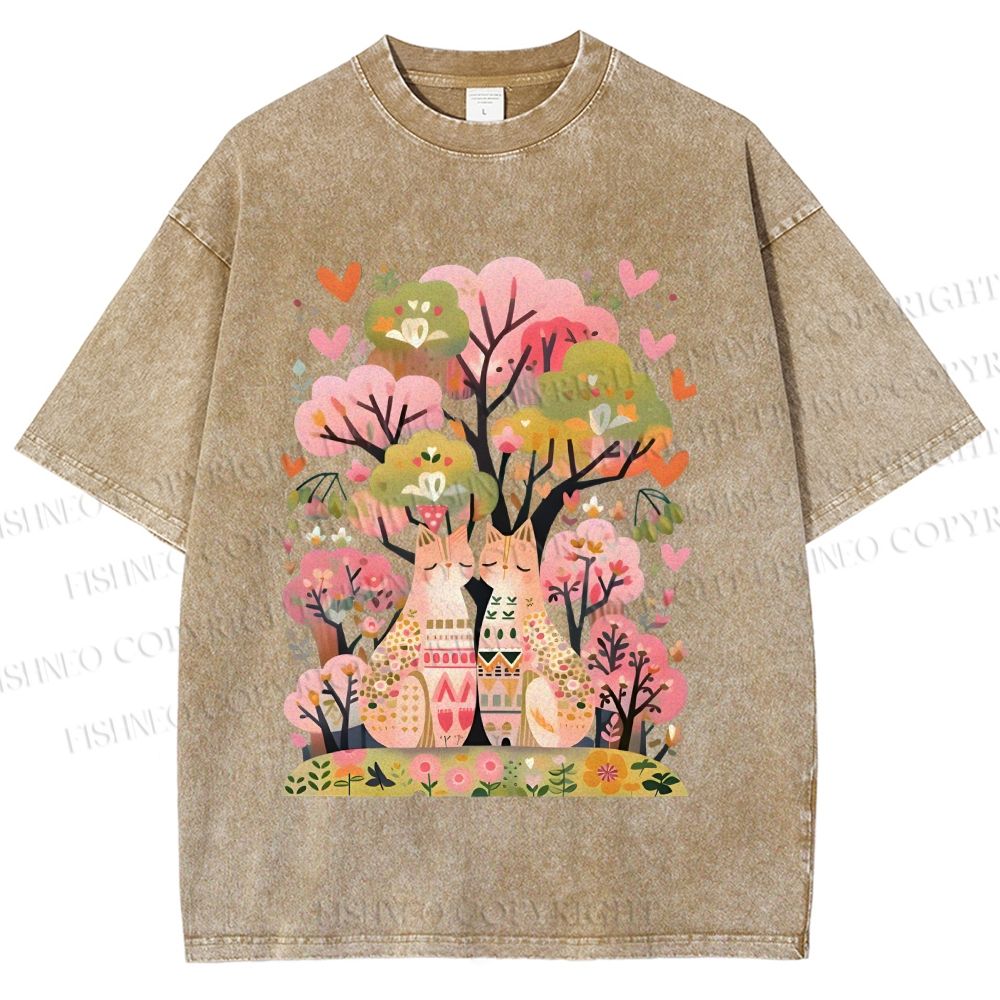 Unisex Serene Cat Falling In Love Printed Washed Tee