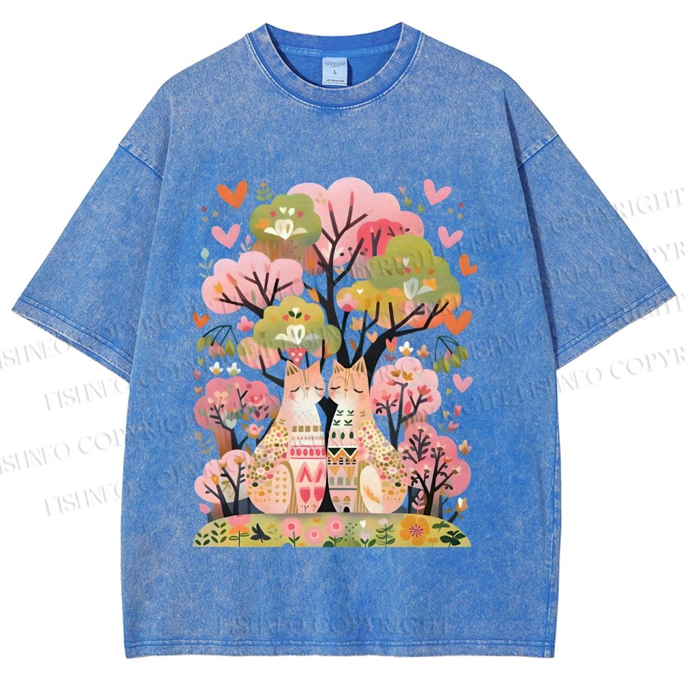 Unisex Serene Cat Falling In Love Printed Washed Tee