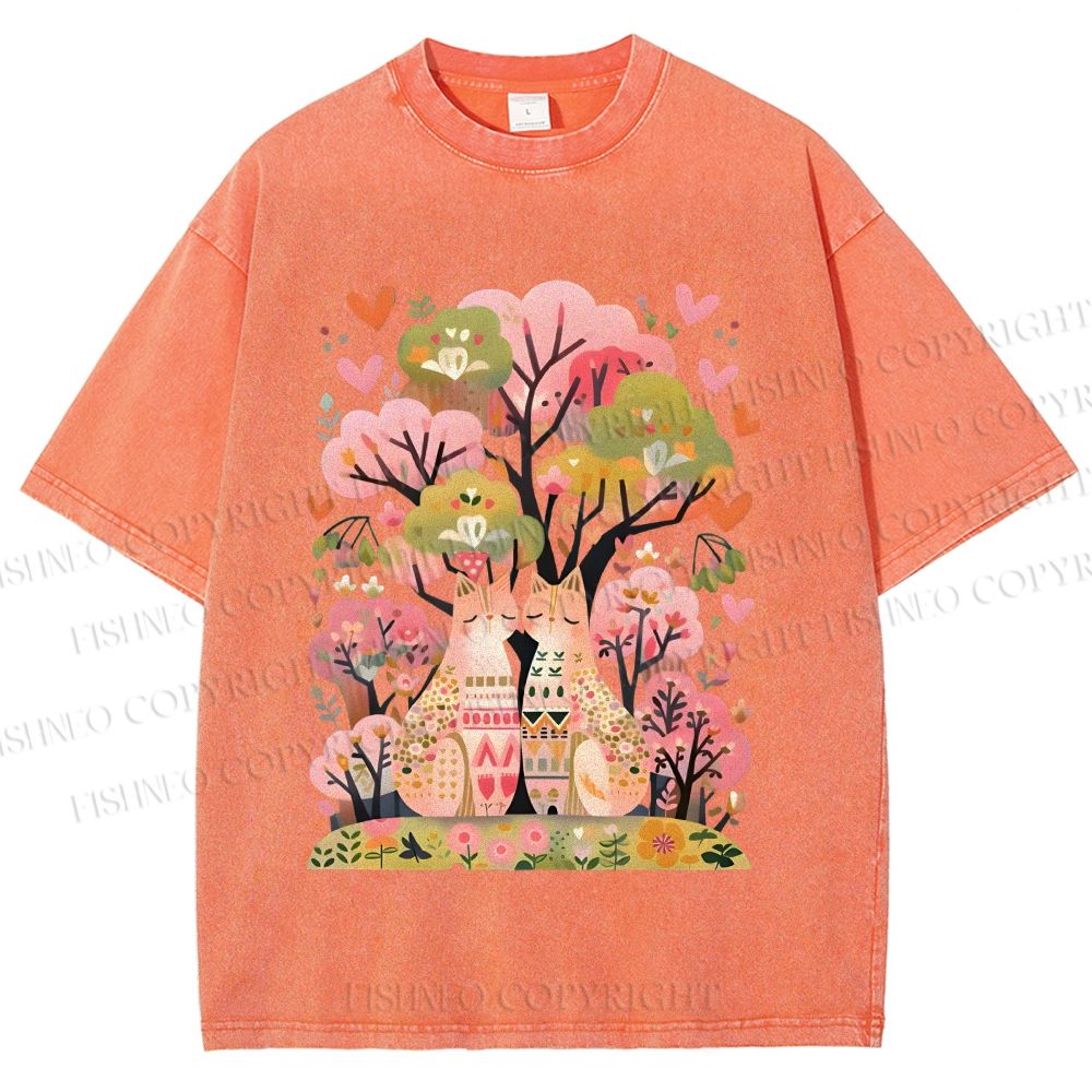 Unisex Serene Cat Falling In Love Printed Washed Tee