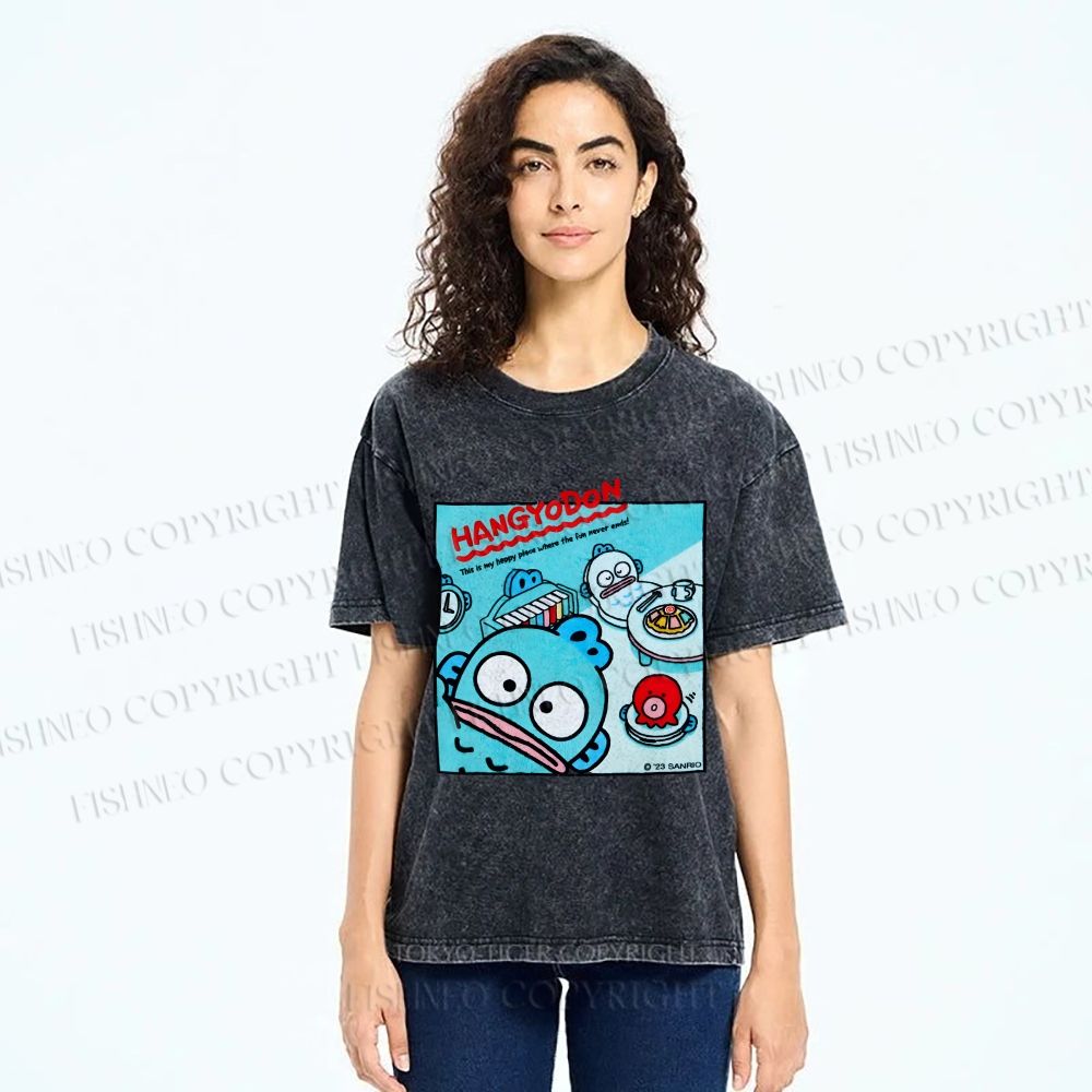 Unisex Hangyodon Graffiti Printed Washed Tee