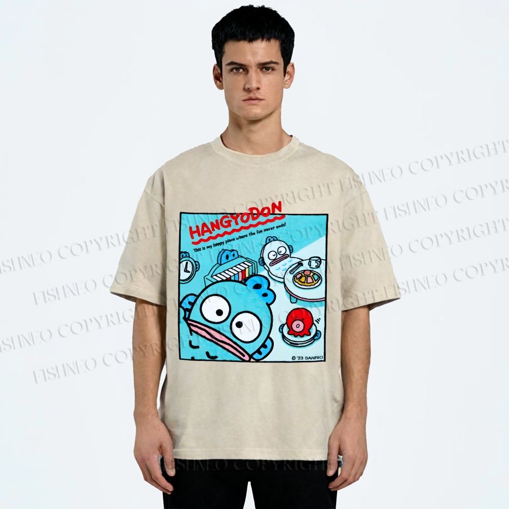 Unisex Hangyodon Graffiti Printed Washed Tee