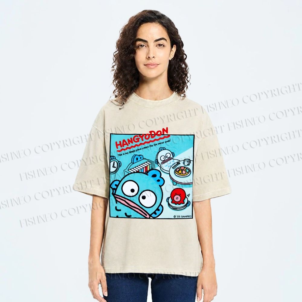 Unisex Hangyodon Graffiti Printed Washed Tee