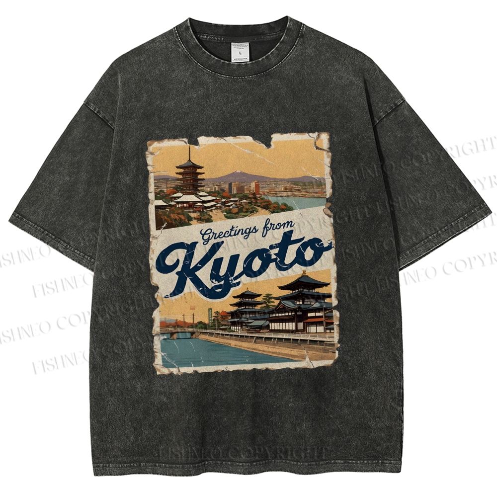 Unisex Kyoto Vintage Poster Japanese Printed Washed Tee