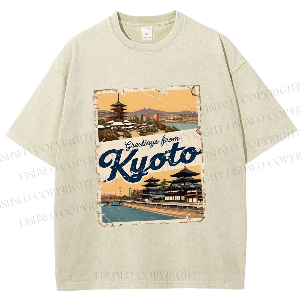 Unisex Kyoto Vintage Poster Japanese Printed Washed Tee