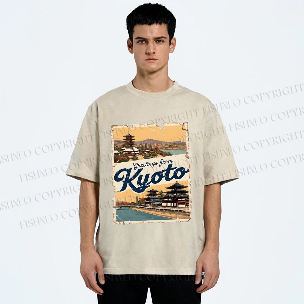 Unisex Kyoto Vintage Poster Japanese Printed Washed Tee