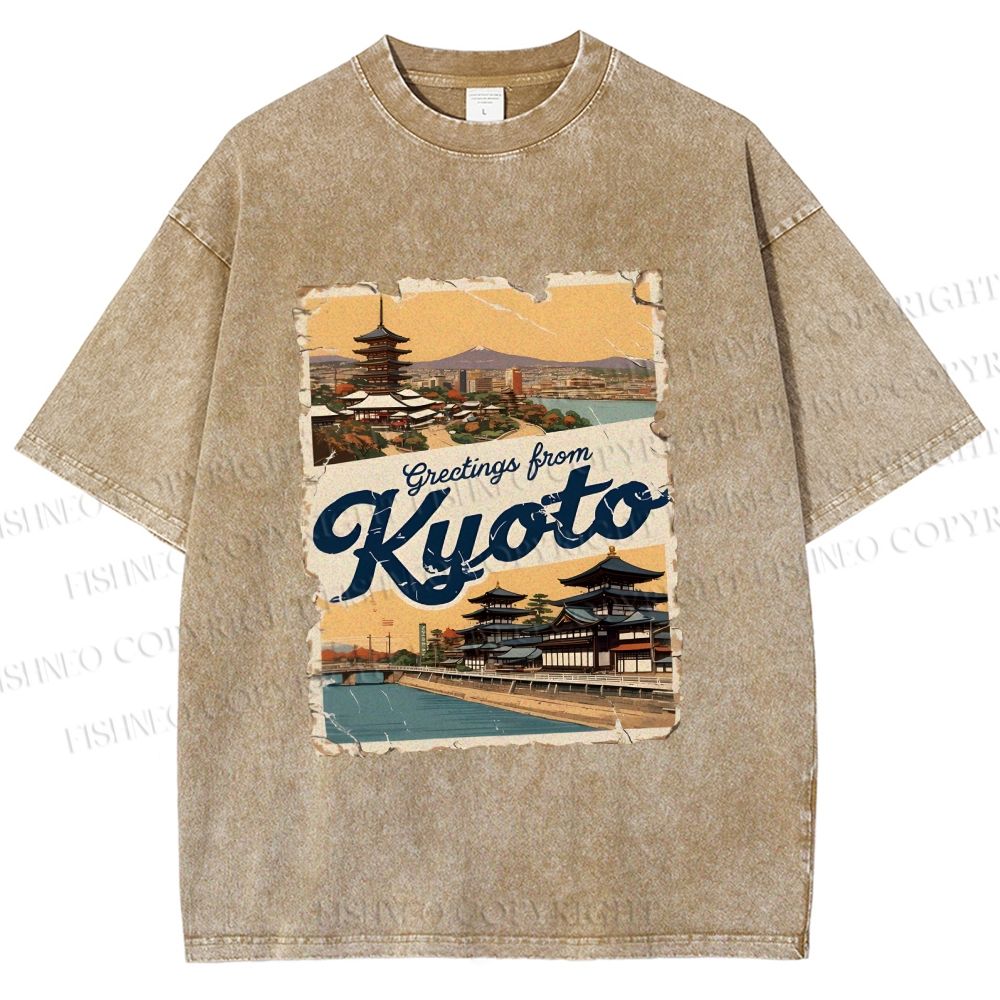 Unisex Kyoto Vintage Poster Japanese Printed Washed Tee