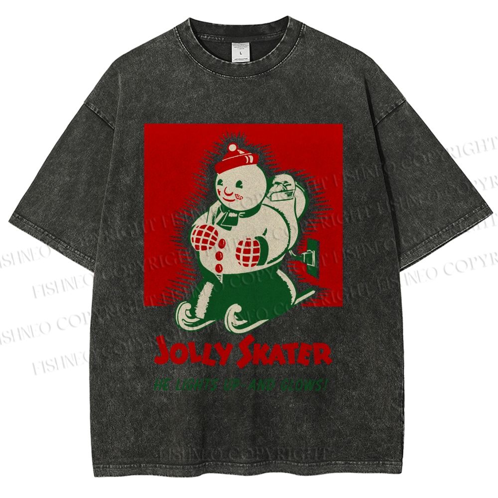 Unisex Jolly Skater Snowman Christmas Printed Washed Tee