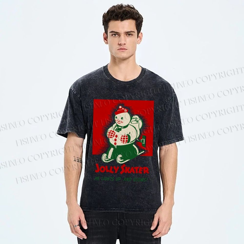 Unisex Jolly Skater Snowman Christmas Printed Washed Tee
