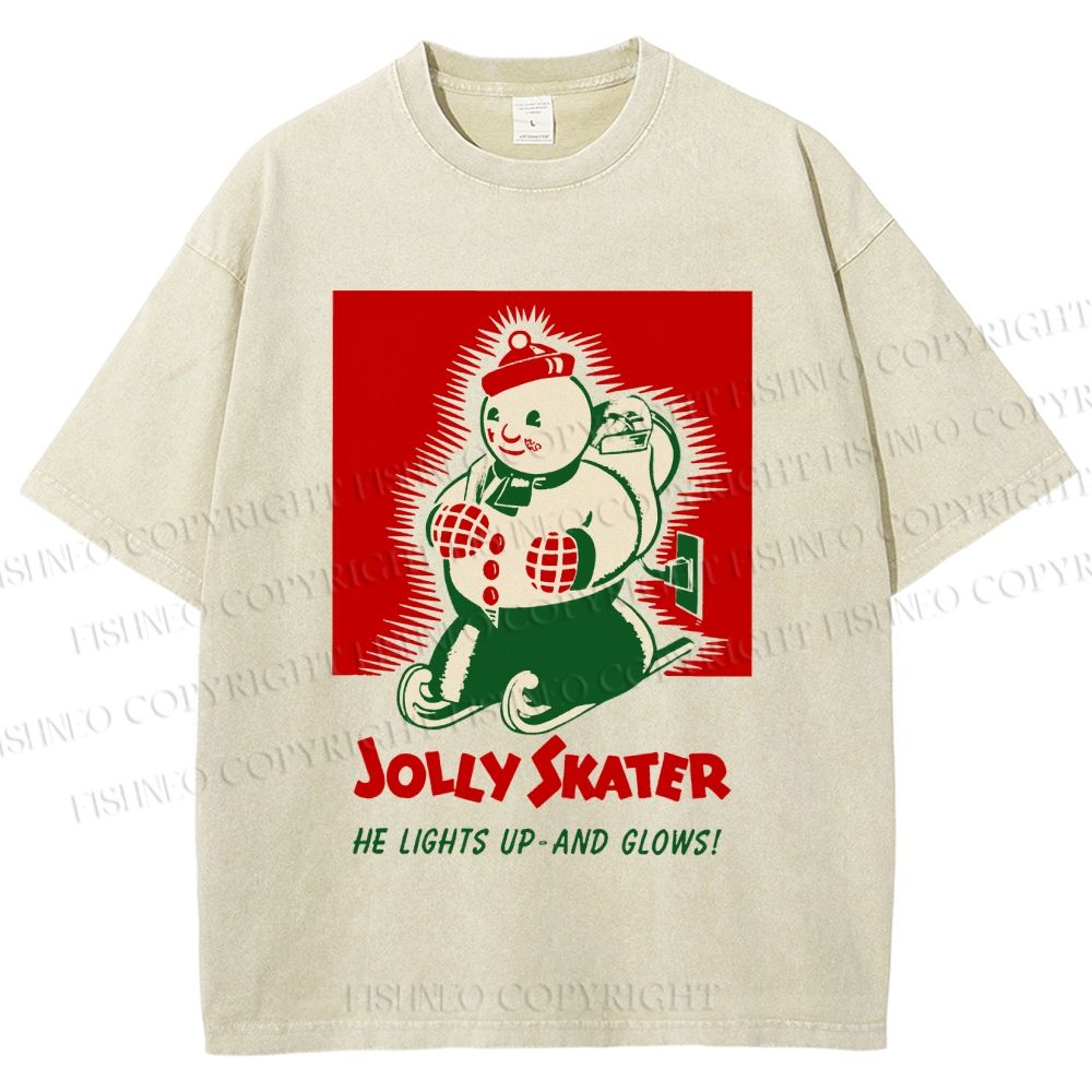 Unisex Jolly Skater Snowman Christmas Printed Washed Tee