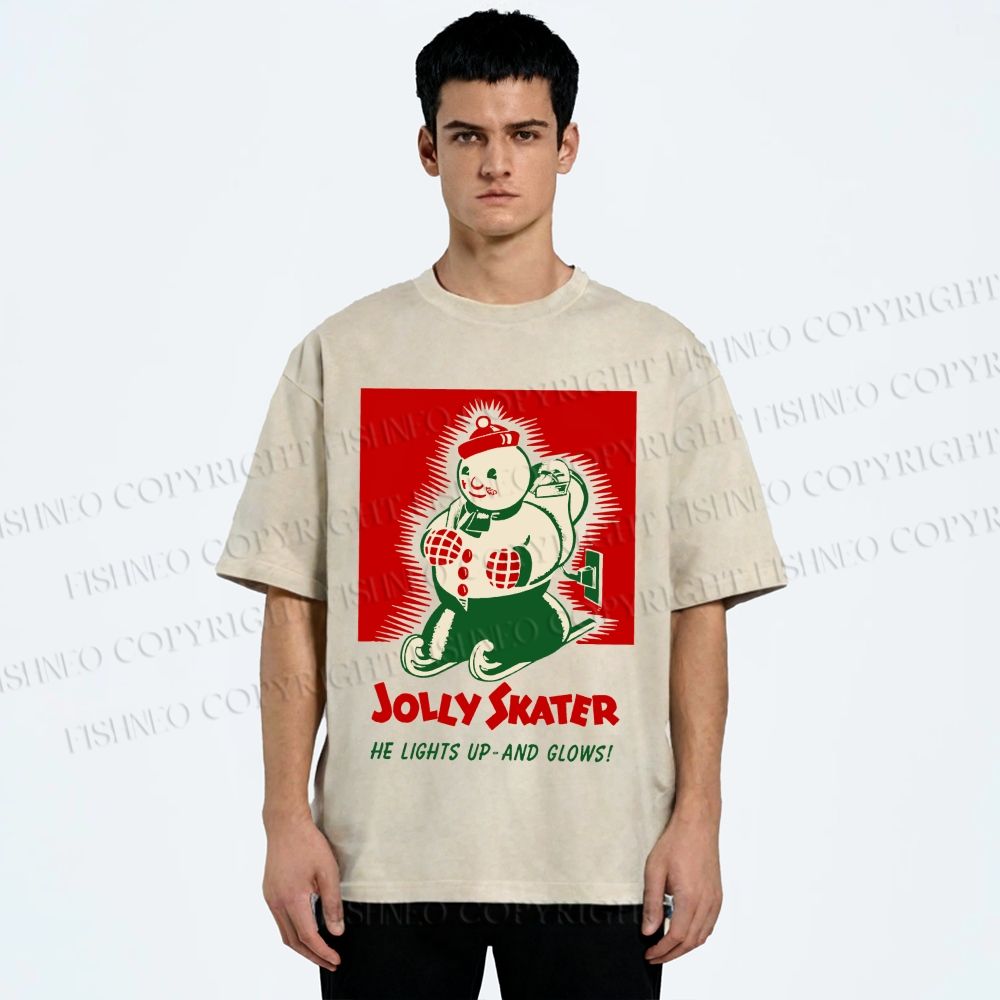 Unisex Jolly Skater Snowman Christmas Printed Washed Tee