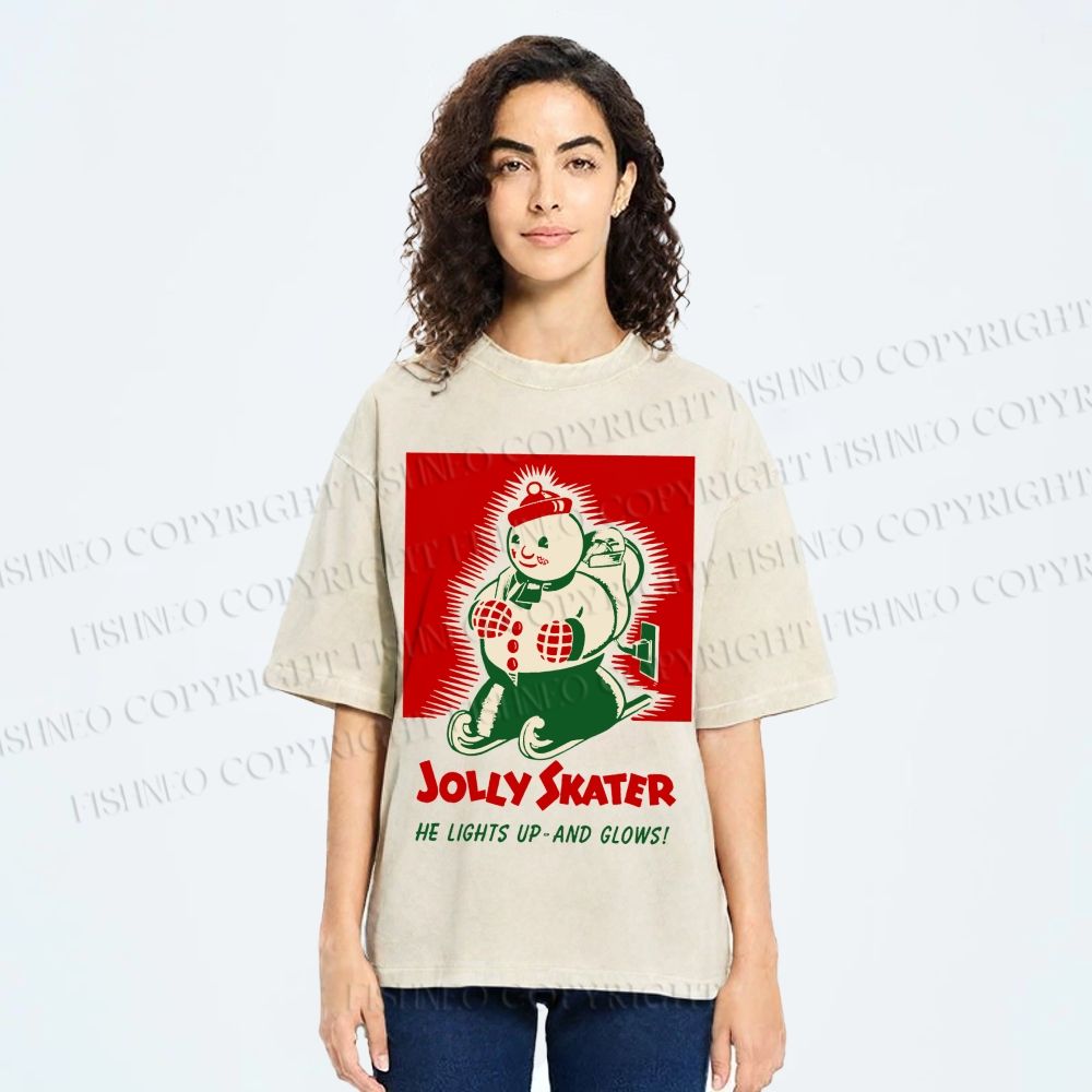 Unisex Jolly Skater Snowman Christmas Printed Washed Tee