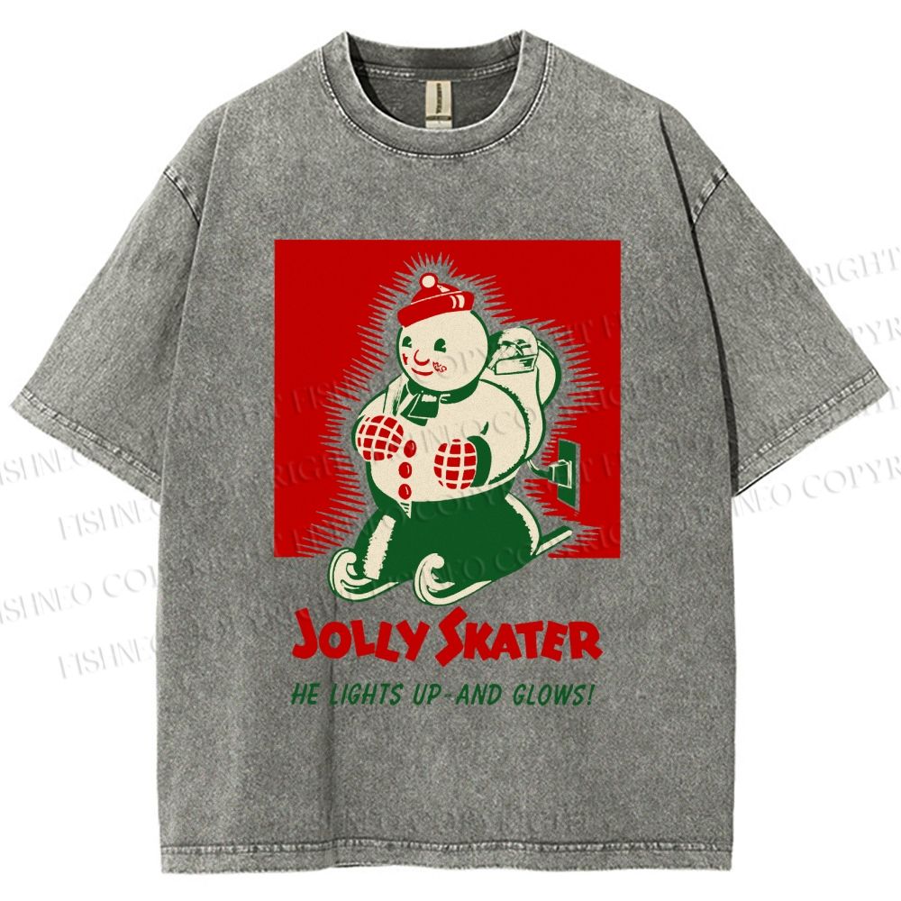 Unisex Jolly Skater Snowman Christmas Printed Washed Tee