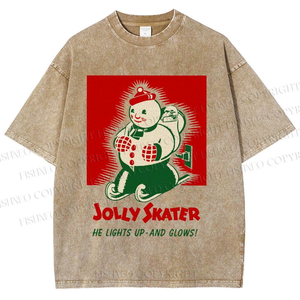 Unisex Jolly Skater Snowman Christmas Printed Washed Tee
