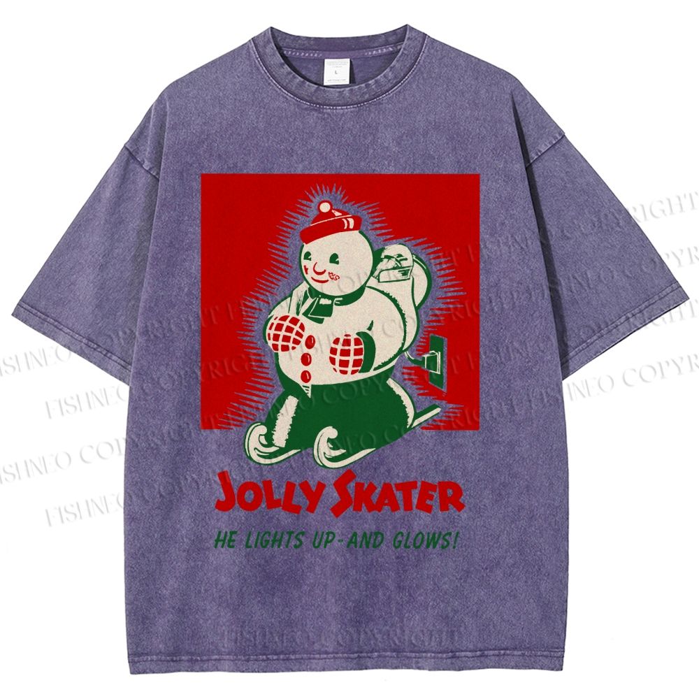 Unisex Jolly Skater Snowman Christmas Printed Washed Tee