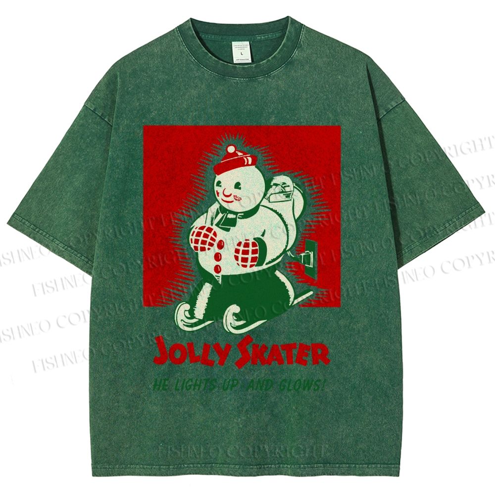 Unisex Jolly Skater Snowman Christmas Printed Washed Tee