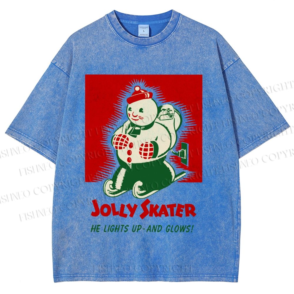 Unisex Jolly Skater Snowman Christmas Printed Washed Tee