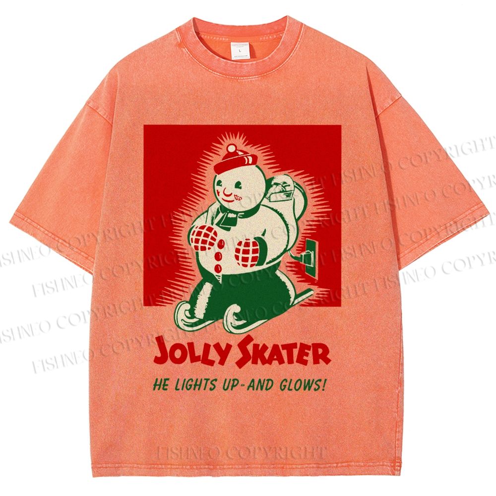 Unisex Jolly Skater Snowman Christmas Printed Washed Tee