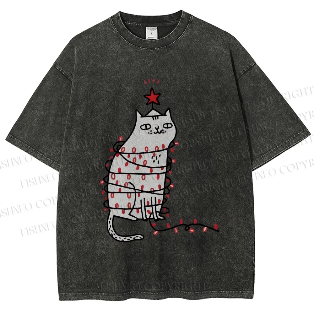 Unisex Silly Cat With Christmas Fairy Lights Printed Washed Tee