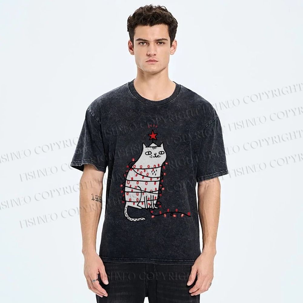 Unisex Silly Cat With Christmas Fairy Lights Printed Washed Tee